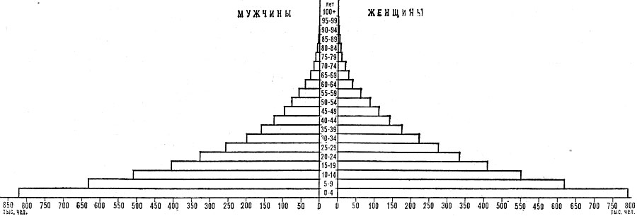 Возрастно-половая пирамида населения Зимбабве. 1981