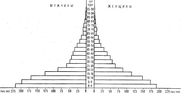 Возрастно-половая пирамида населения Иордании. 1979