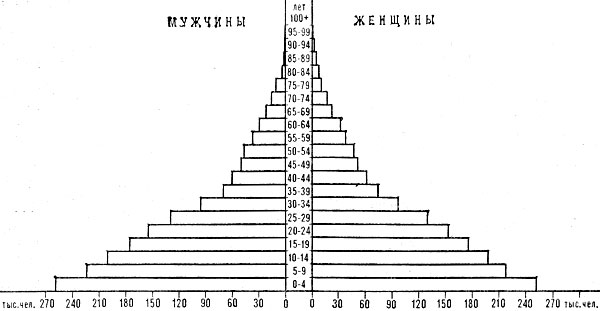 Возрастно-половая пирамида населения Парагвая. 1980